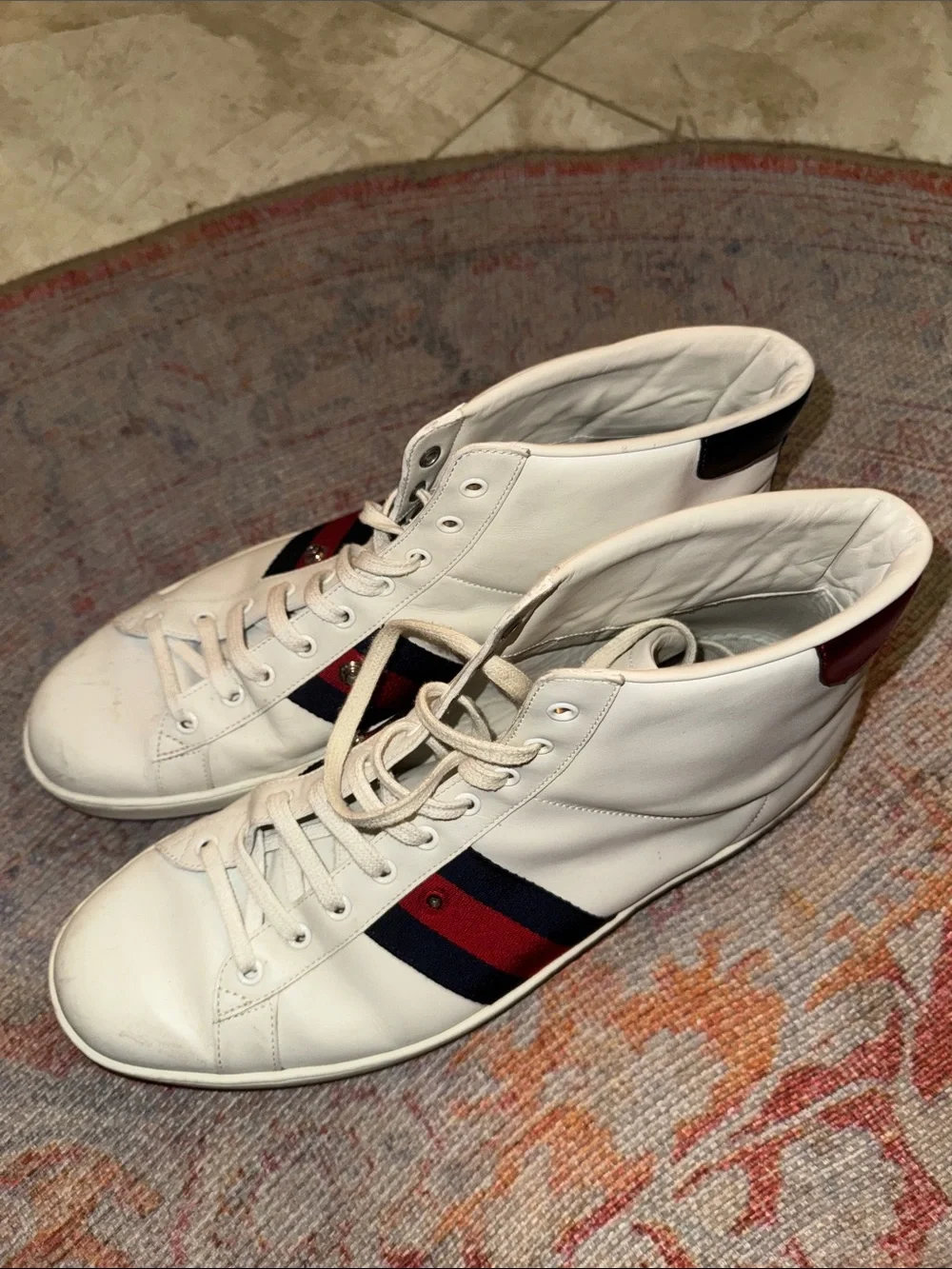 Gucci White High-Top Sneakers with Red & Navy Web